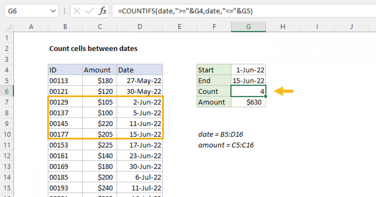 Count cells between dates Excel formula Exceljet